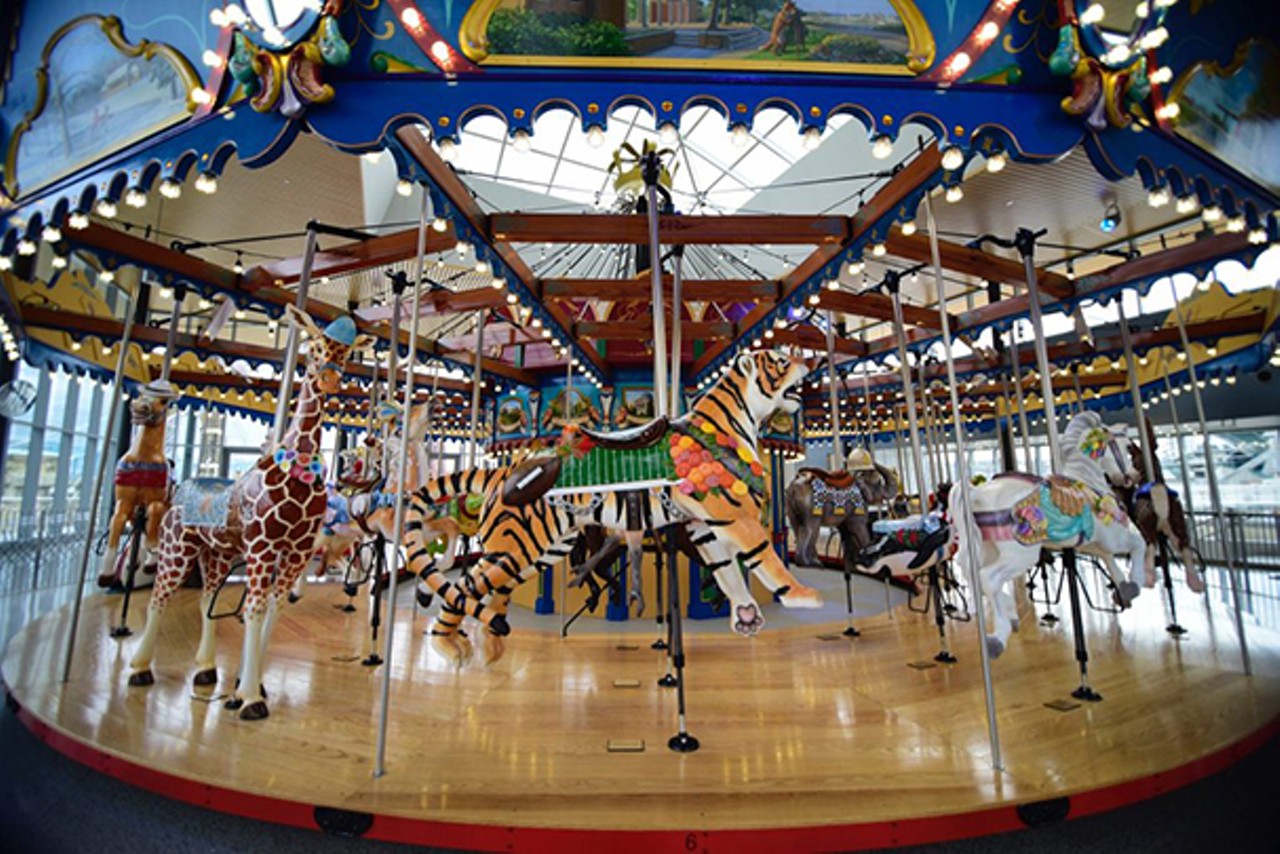 Ride Carol Ann&#146;s Carousel at Smale Riverfront Park
Carol Ann&#146;s Carousel at Smale Riverfront Park features 44 hand-carved Cincy-centric characters on which to ride (plus 16 hand-painted, stylized landscape murals from local artist Jonathan Queen). The glass-enclosed attraction is rain- and snow-resistant, making it a whimsical year-round pleasure&#133; because the joy of riding Martha the last passenger pigeon or the Findlay Market pig around in circles diminishes significantly if you&#146;re being pelted in the face with sleet. In addition to the carousel, the park&#146;s other interactive features include the Fath Fountain&#146;s dancing water jets, a walking labyrinth, a foot piano (like in Big), bench swings with river views, a monument to the Civil War&#146;s Black Brigade, an elevated metal pig sculpture into which you can climb and a novel &#147;Portland Loo,&#148; a private, freestanding outdoor public potty.   
Smale Riverfront Park, 100 W. Mehring Way, Downtown, cincinnatiparks.com.
Photo: Jesse Fox