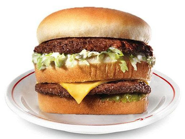 A Frisch's Big Boy burger: a double decker sandwich featuring a quarter pound of beef, cheese, lettuce, pickle and Frisch's original tartar sauce.