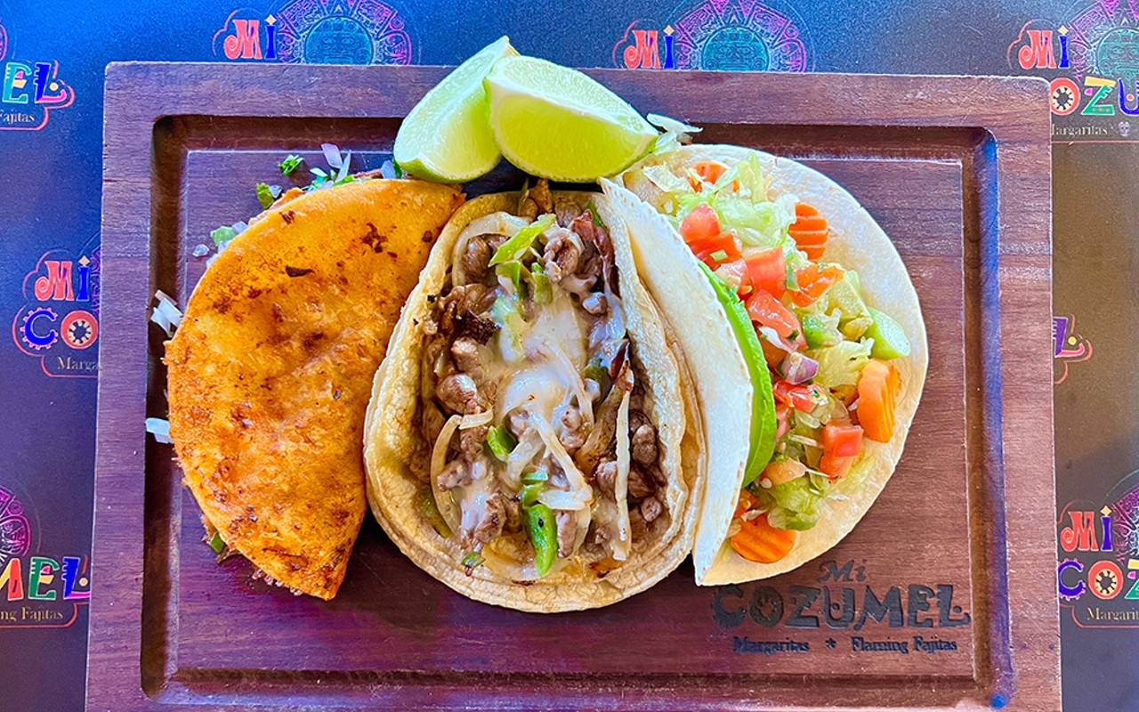 Mi Cozumel's Philly Cheesesteak Taco, Birria Taco and Street Veggie Taco.