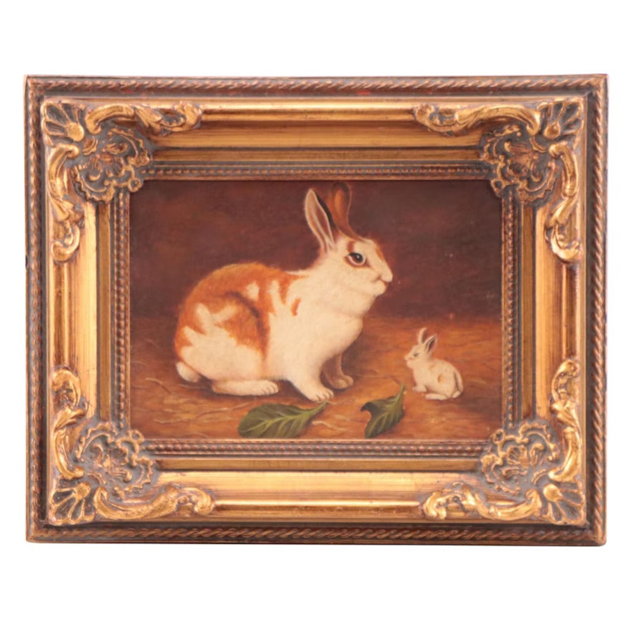 Oil Painting of Mother Bunny and Baby
Gilded frames have made a huge comeback, but cute animals never go out of style. This framed oil painting of a mother bunny and her baby would make a quirky addition to a friend’s gallery wall. If you’re not sure what to get your friends with a new baby, this would be a stylish nursery addition.