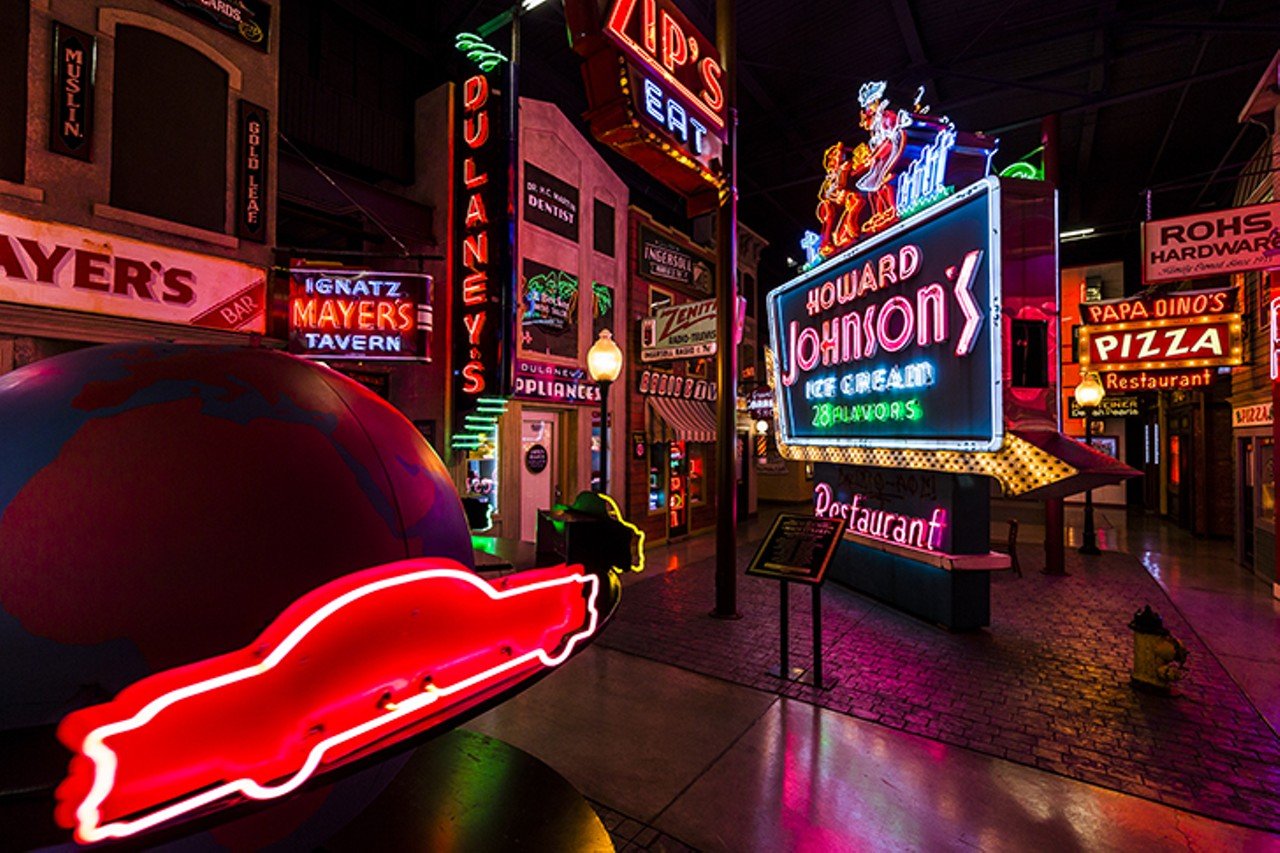 Bathe in Neon at the American Sign Museum
1330 Monmouth Ave., Camp Washington
Get lost in the ads and landmarks of yesteryear. Winding pathways of colorful signage give way to a mocked-up Main Street, with faux storefronts, cobblestone and giant logos from Howard Johnson, McDonald&#146;s and Marshall Field. From roadside nostalgia and a looming Big Boy to pharmacy signs and gas station markers, the flashing lights, buzzing electricity and rotating wonders are almost a sensory overload. Almost. Guided and self-guided tours available.
Photo: Hailey Bollinger