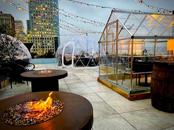 The View at Shires’ Garden
309 Vine St. 10th Floor, Downtown
The rooftop deck at Shires’ Garden has brought back its igloos and special garden greenhouses for the winter. Reservations are required in advance for parties of two, four and up to eight people to snag a spot for up to two hours. Each dome has a heater and individual speakers, plus a food and drink minimum. A $50 deposit is required.