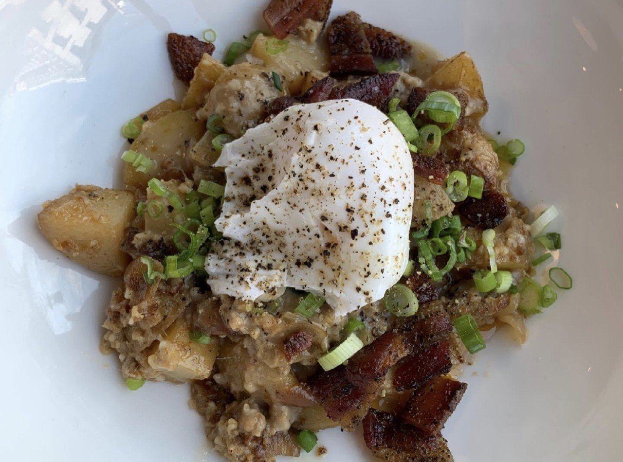 Goetta Hash at Goose & Elder
1800 Race St., Over-the-Rhine
Chef Jose Salazar&#146;s Goose & Elder serves seasonal market-driven dishes for brunch, lunch and dinner. And for the mandatory goetta dish, they have a Goetta Hash during weekend brunch, served with onion, potatoes, gravy and mozzarella and topped with a poached egg. 
Photo: facebook.com/gooseandelder