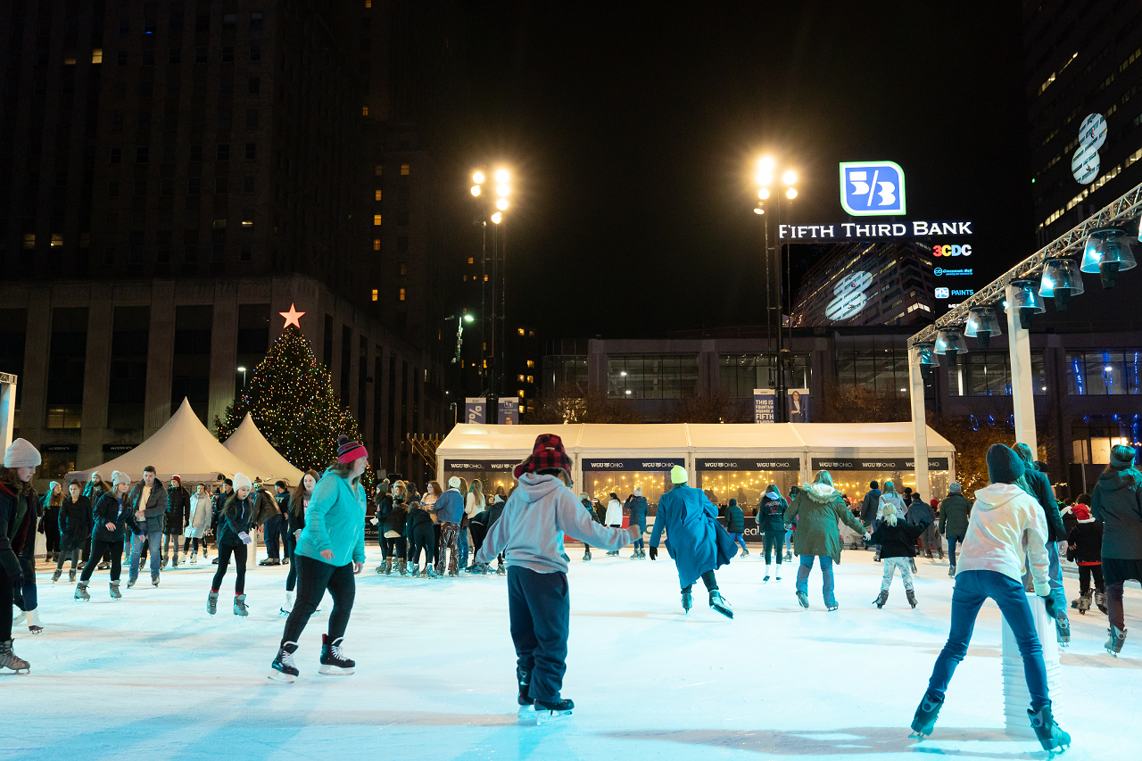 Ice Skating at Fountain Square
520 Vine St., Downtown
Nothing says winter or the holiday season in Cincinnati quite like ice skating at Fountain Square. Lace up your skates for a spin on the ice, or you can buckle up and take a bumper car out on the ice — UC Health Ice Rink being the only rink in the Tri-State to offer this fun opportunity. The skating rink is open to everyone of all ages, but children 4 and under must be accompanied by an adult on the ice. You can also warm up at the WGU Ohio Warming Tent or at the concession stand, where you can stop by for a quick snack or warm drink. The stand also has beer, wine and select spirits for sale.
Rink open daily until Feb. 19.