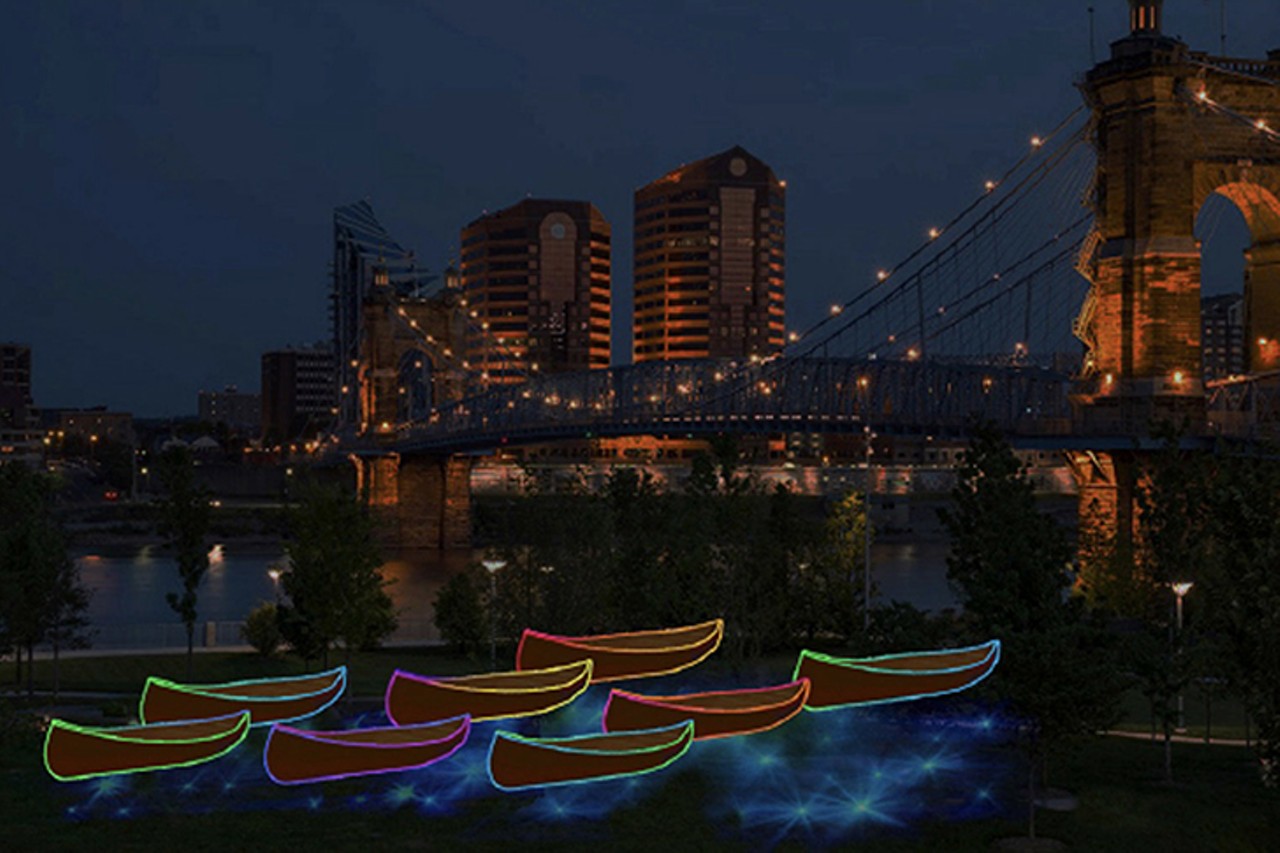 &#147;Light Streams&#148;
Honoring the city&#146;s historic connections to water, artists from Northern Kentucky University&#146;s School of the Arts will highlight &#147;the dynamic effects of movement and color&#148; by the way of eight illuminated canoes, suspended between seven and 10 feet above the ground. Calling to mind the mesmerizing power of water, the boats will glow in rhythm with coordinated music. There will be two nights of live music at &#147;LightStreams,&#148; kicking off with a Thursday night performance from the NKU Philharmonic Orchestra. 9 p.m. Thursday, Oct. 10. Smale Riverfront Park, 166 W. Mehring Way, Downtown.
Photo: blinkcincinnati.com