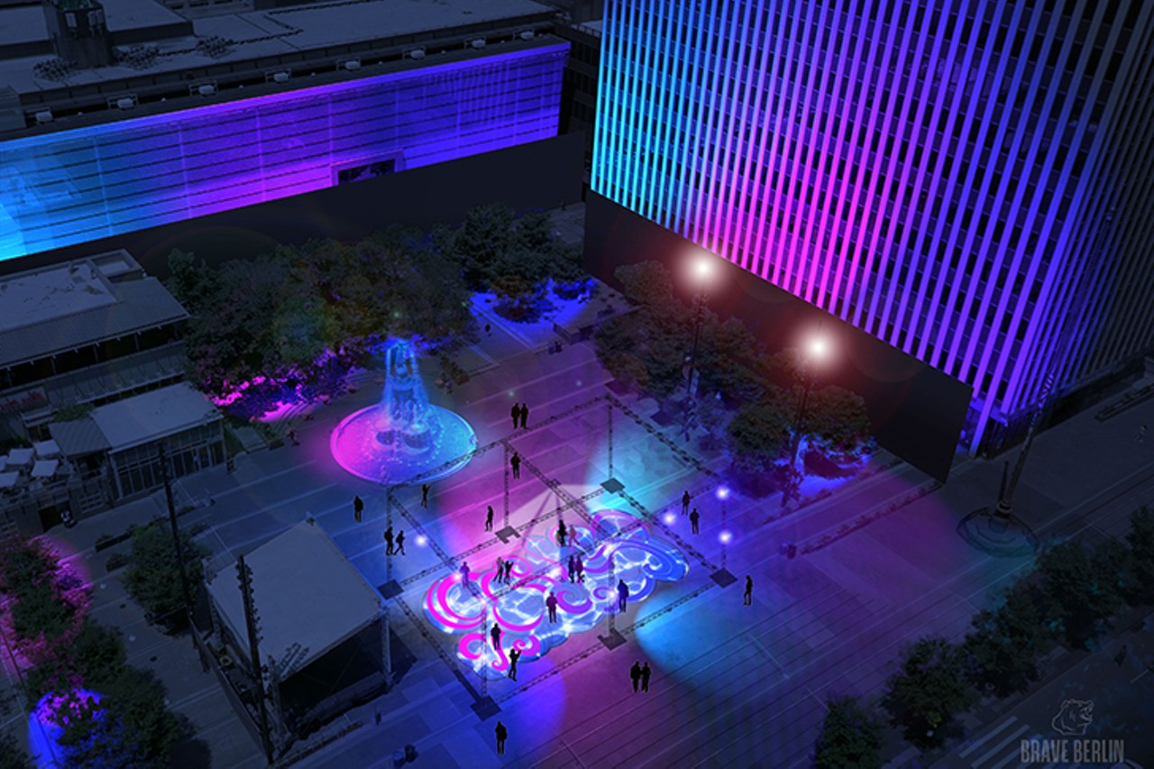 &#147;re:FRACTION&#148;
Fountain Square and the iconic Genius of Water fountain will be awash in blue, pink and purple light in this interactive projection mapping experience. Steve McGowan of Brave Berlin, a local media production company behind BLINK, describes &#147;re:FRACTION&#148; as &#147;a totally different, immersive experience altogether.&#148; With the entire square bathed in light, visitors will be transported into a beautiful expression of the fountain&#146;s water and movement: a celebration of a true Cincinnati icon. Fountain Square, 520 Vine St., Downtown.
Photo: blinkcincinnati.com