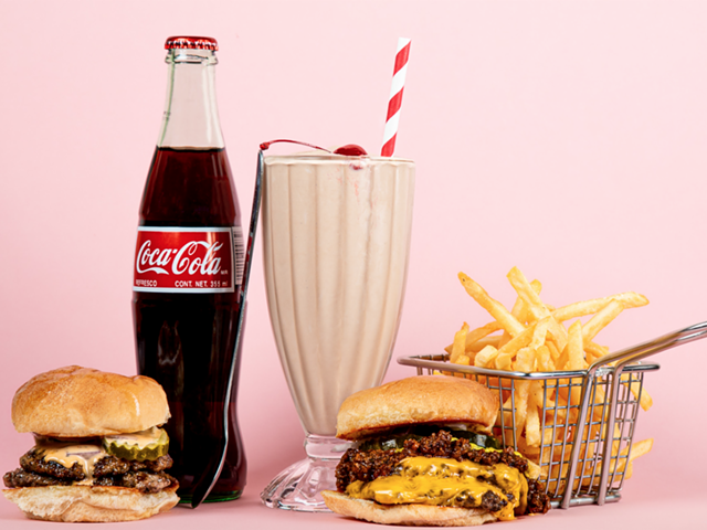 Danny Boy Burger, Danny Boy Burger with Chili and Cheese, Golden Fries, and a Chocolate Shake