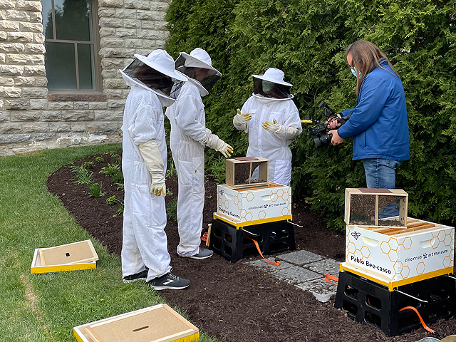 The new beehives being installed on the grounds of the Cincinnati Art Museum