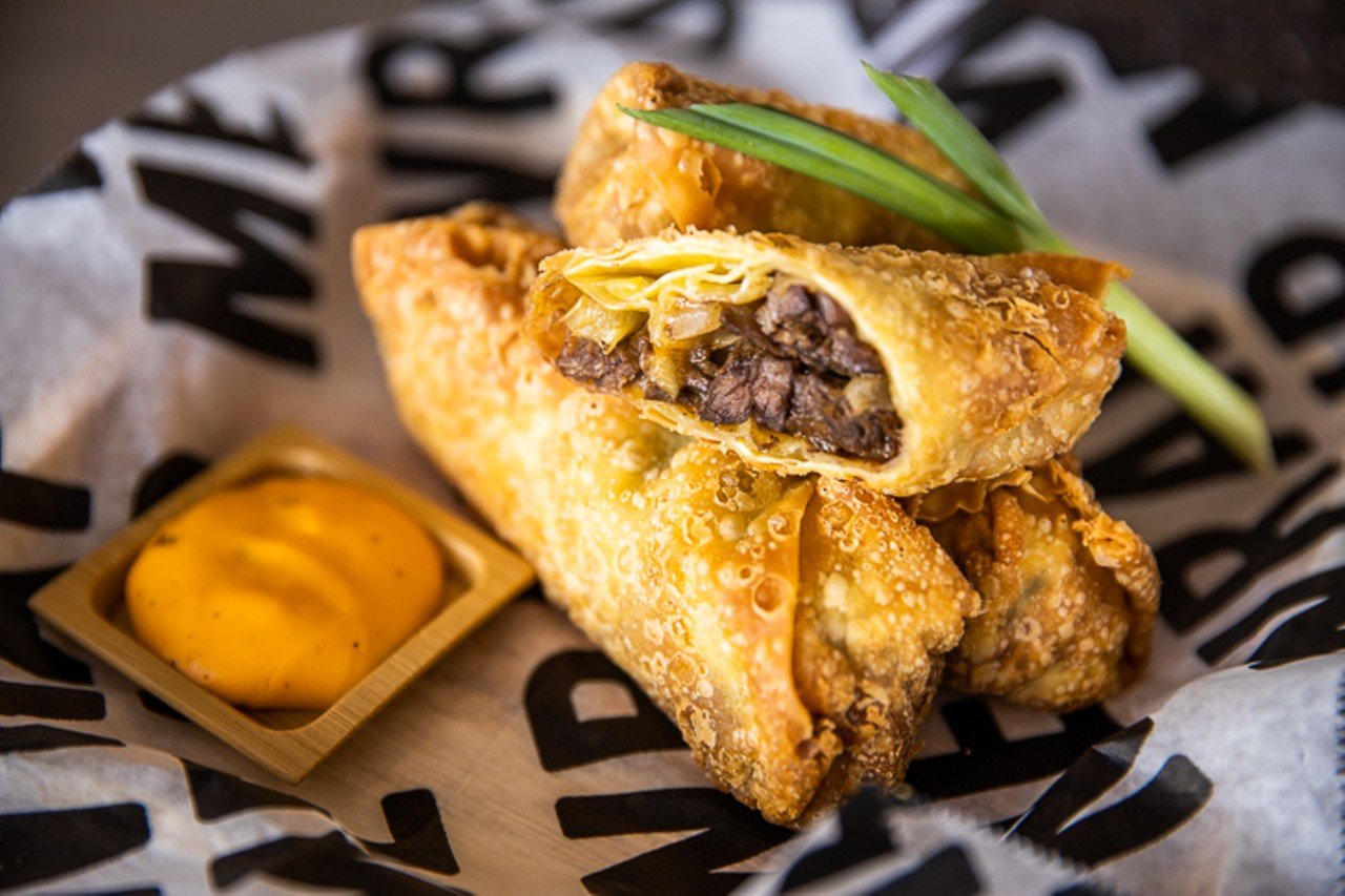 Cheese steak egg rolls with banana peppers, onion, mushrooms, peppers and beer cheese. Located in the Scouts Club.