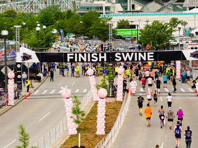 The 2019 finish line for the Flying Pig Marathon, which presents the FCC3 three-mile race.