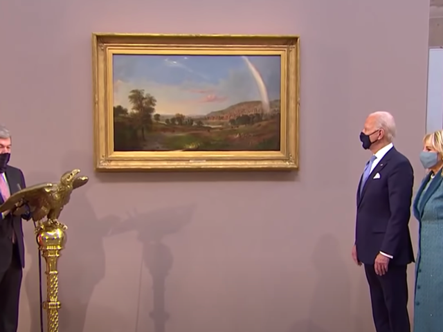 Sen. Roy Blunt presents a painting by Robert S. Duncanson to U.S. President Joe Biden and First Lady Dr. Jill Biden.