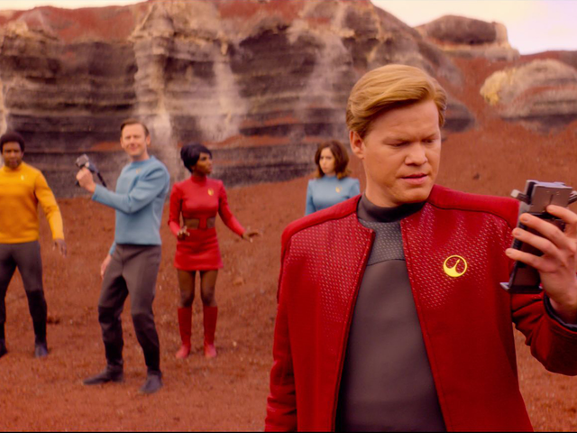The cast of "Black Mirror," with Jesse Plemons in foreground