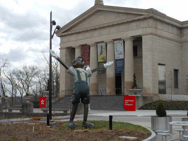 The giant 12-foot bronze sculpture of Pinocchio that sits in front of the Cincinnati Art Museum was made by local artist Jim Dine.