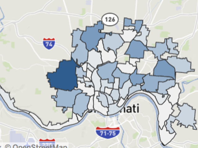 Distribution of COVID-19 cases in Cincinnati, with darker areas having more cases.