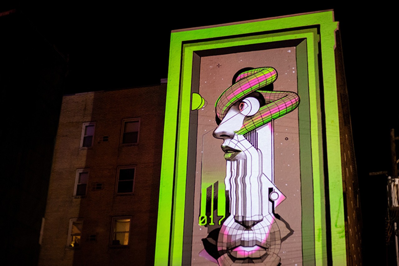 "Huetopia Redux" projection mapping on a mural by Xylene by Findlay Market