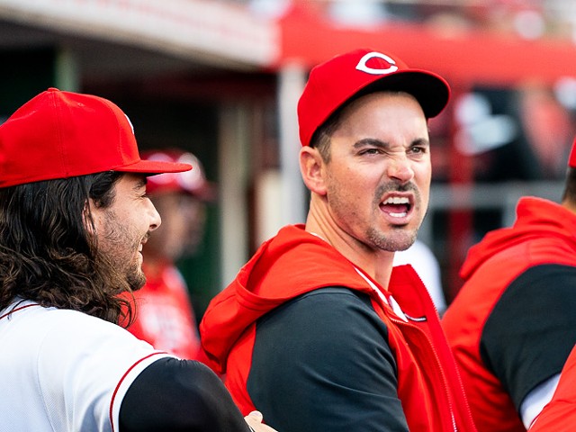 Jonathan India and Matt Reynolds joke as the Cincinnati Reds host the Chicago Cubs at Great American Ball Park on Oct. 5, 2022.