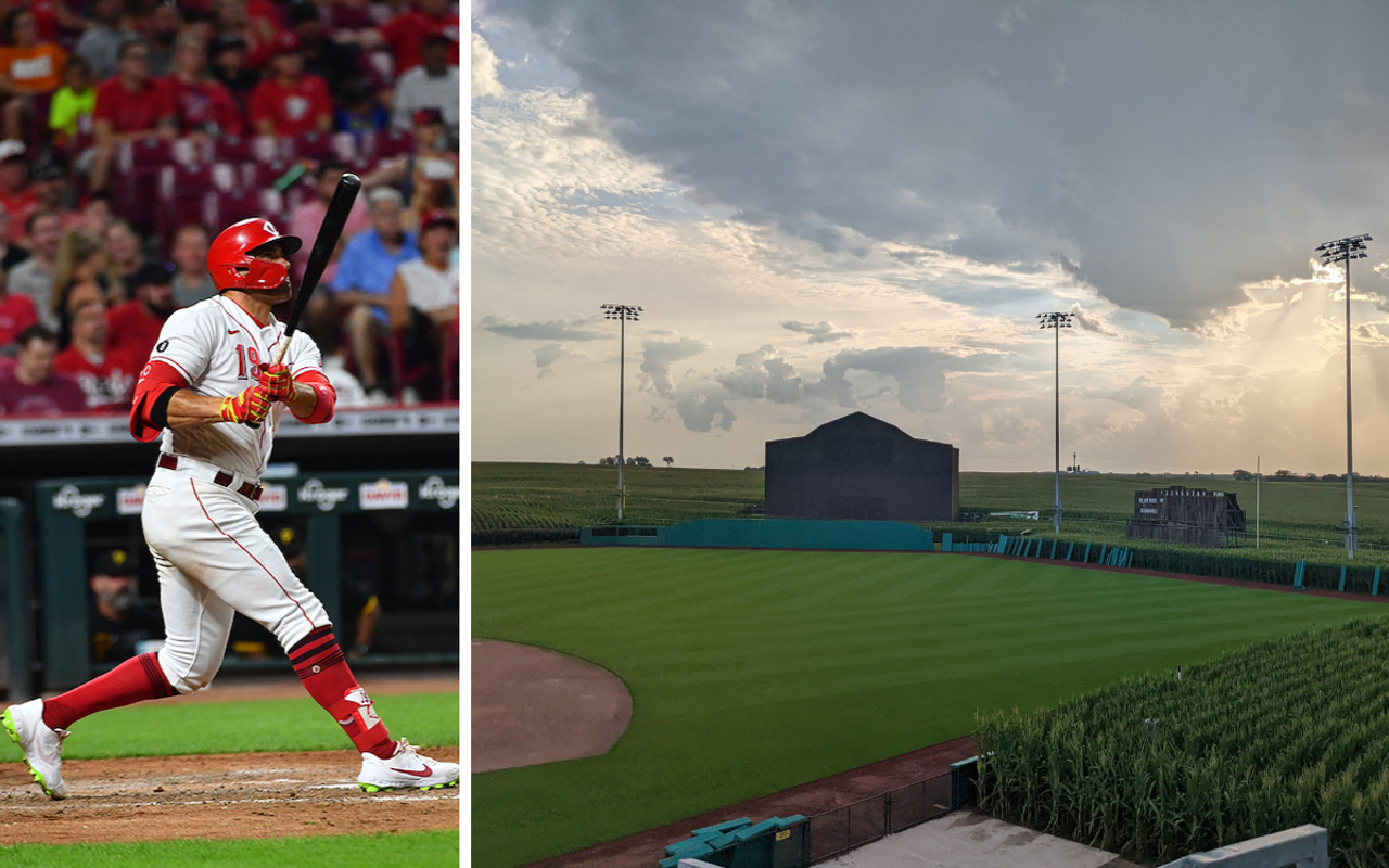 "If you build it, they will come." Left: Cincinnati Reds first baseman Joey Votto takes a swing. Right: The 2022 MLB Field of Dreams game field is nearly ready for the Cincinnati Reds and Chicago Cubs.