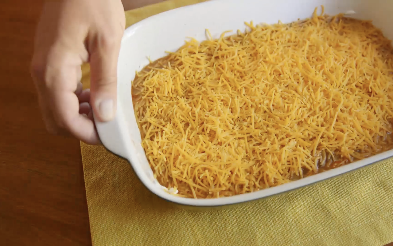 Skyline Chili dip is made with cream cheese, chili and shredded cheese.