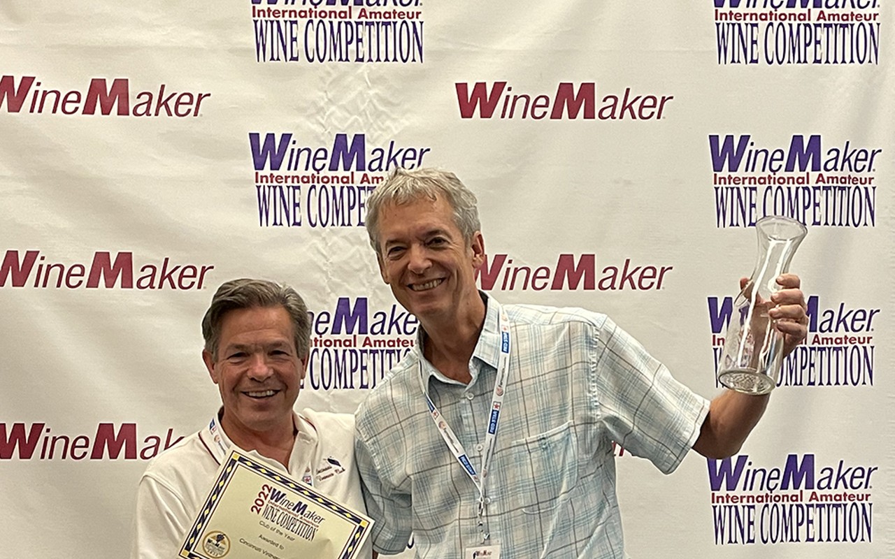 Cincinnati Vintner's Club member Joe Lauber (left) and CVC President Daniel Cobb (right) receiving Winemaker Magazine's Club of the Year award.