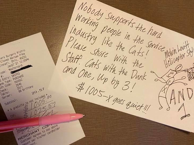 $1,005 tip from Bearcat fan at Chandlers with note and very cute illustration