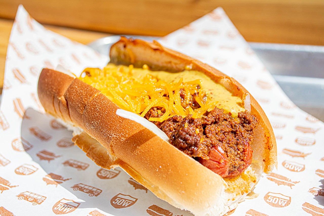 Ohio-style Flat-Top Dog with Cincinnati-style chili, shredded cheese, mustard and onion