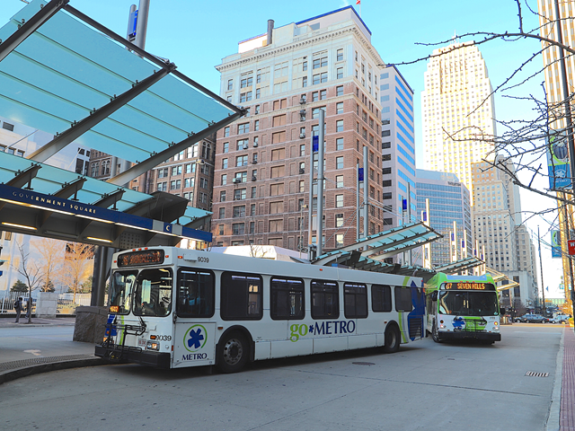 Metro buses at Government Square, which empties onto Main Street