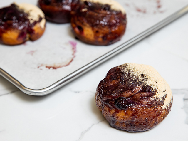 Blueberry sticky buns dusted with kinako, a roasted soybean flour that’s similar in taste and texture to peanut butter powder.