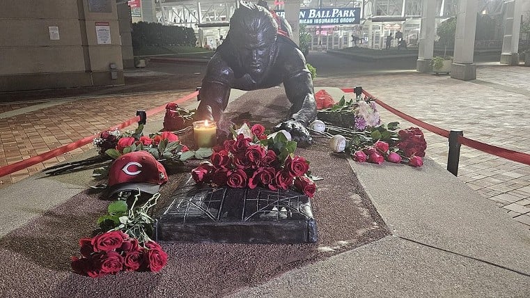 Flowers left at the Pete Rose statue at Great American Ball Park following his death on Sept. 30, 2024.