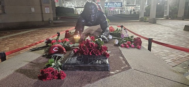 Flowers left at the Pete Rose statue at Great American Ball Park following his death on Sept. 30, 2024.