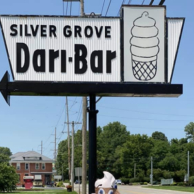 Silver Grove Dari Bar    5178 Mary Ingles Highway, Silver Grove    This little walk-up classic creamy whip in Northern Kentucky has tons of amazing options. If you're a fan of Graeter's black raspberry chocolate chip, opt for one of the Dari Bar's hot fudge sundaes topped with black raspberry. Or a black raspberry blitz — their take on a Blizzard. In addition to soft serve, the Dari Bar offers burgers, sandwiches, coneys, actual footlong footlongs and cheese fries.