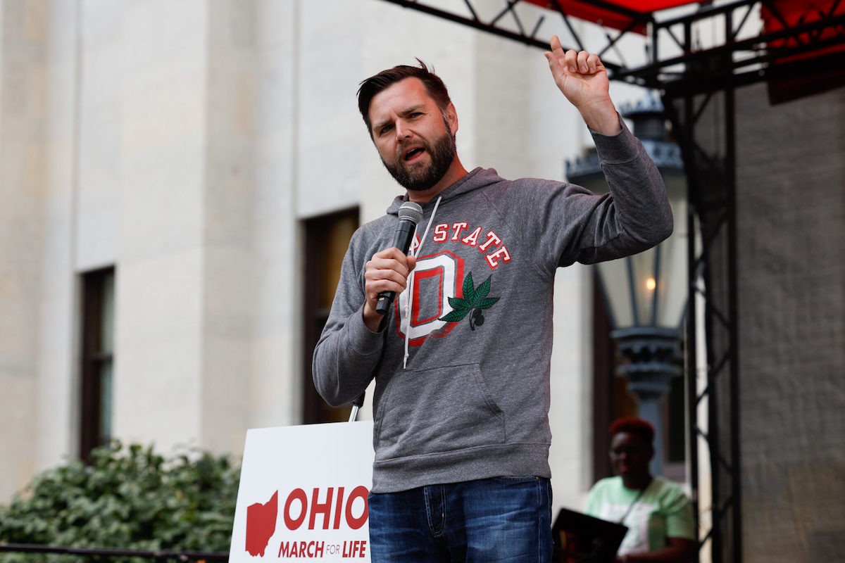 COLUMBUS, Ohio — OCTOBER 06: Republican Ohio U.S. Sen. J.D. Vance speaks during the Ohio March for Life rally against November’s Issue 1 reproductive rights amendment, October 6, 2023, outside the Statehouse in Columbus, Ohio.