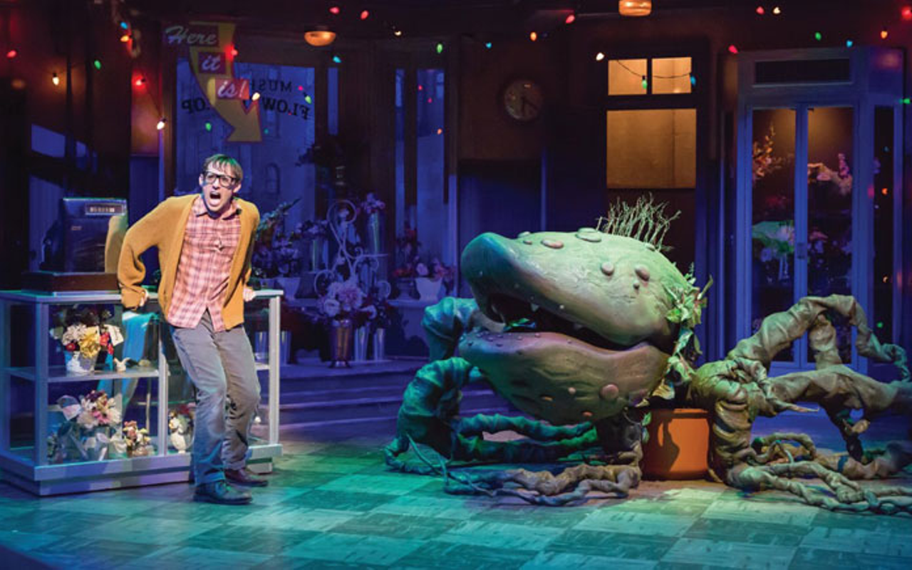 Nick Cearley as Seymour, with Audrey II carnivorous plant