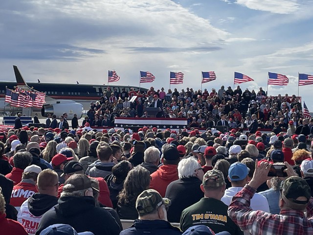 Former President and 2024 GOP presidential nominee Donald Trump speaking at a rally in Dayton.