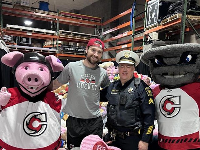 The Cincinnati Cyclones and Cincinnati Police Department collect nearly 12,000 stuffed toys during the game against the Wheeling Nailers at Heritage Bank Center on Jan. 7, 2023.