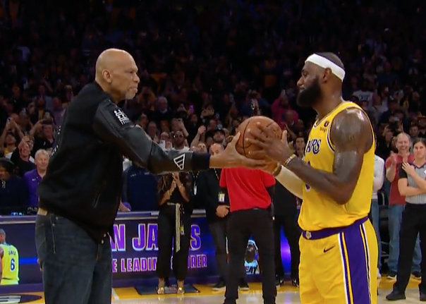 NBA legend Kareem Abdul-Jabbar congratulates Los Angeles Lakers forward (and former Cleveland Cavaliers leader) LeBron James on breaking his all-time scoring record on Feb. 7, 2023.