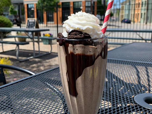 Rotating shake called Baby in a Duffel Bag, "named after Zack Morris’ terrible schemes." It's made with peanut butter, banana, rum, Oreos, bacon and chocolate.