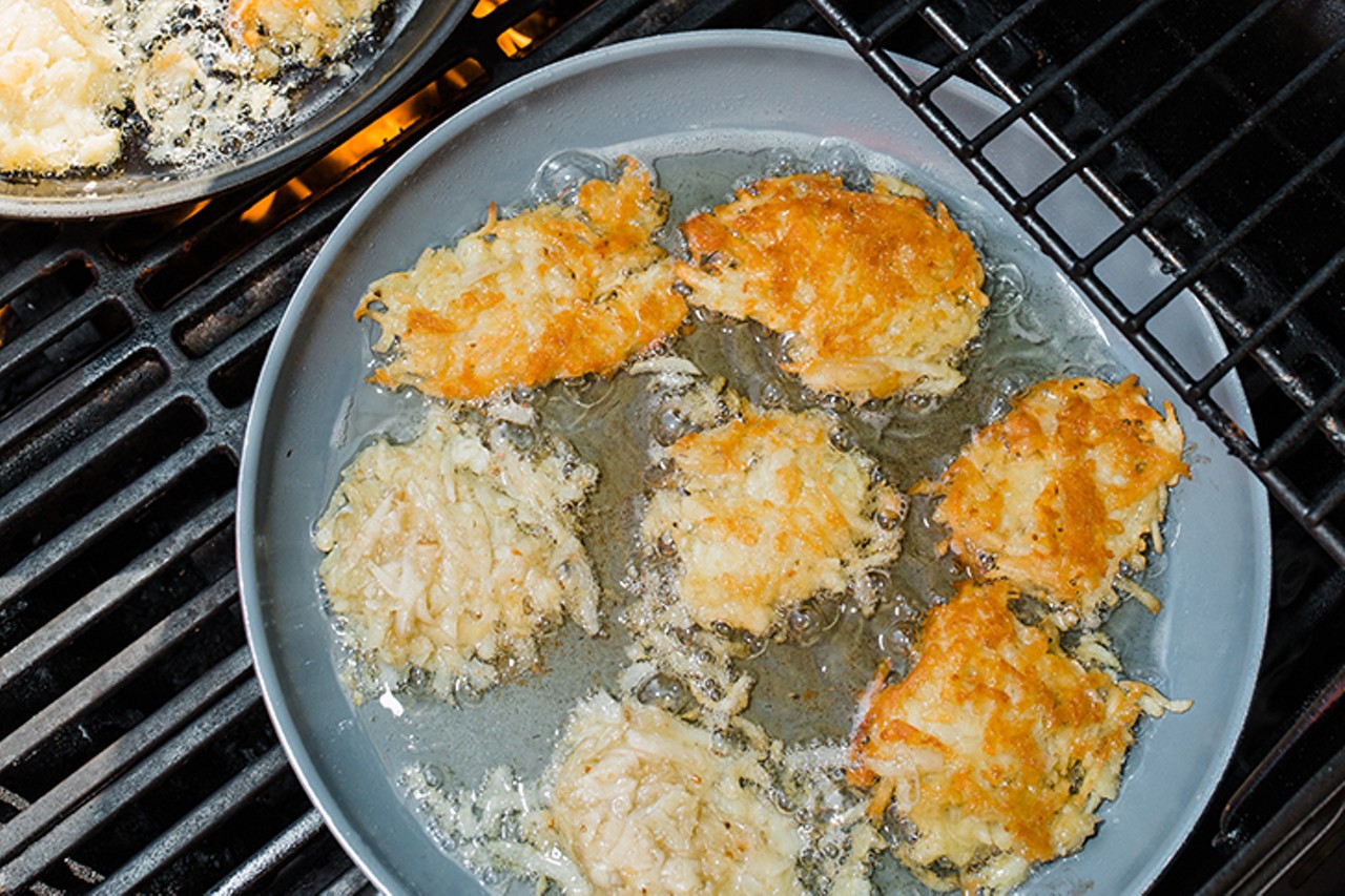 Fill the pan with 4 to 6 latkes (depending on pan size). Resist the urge to flip them until you see the edges starting to turn brown. Gently flip and brown on the second side.