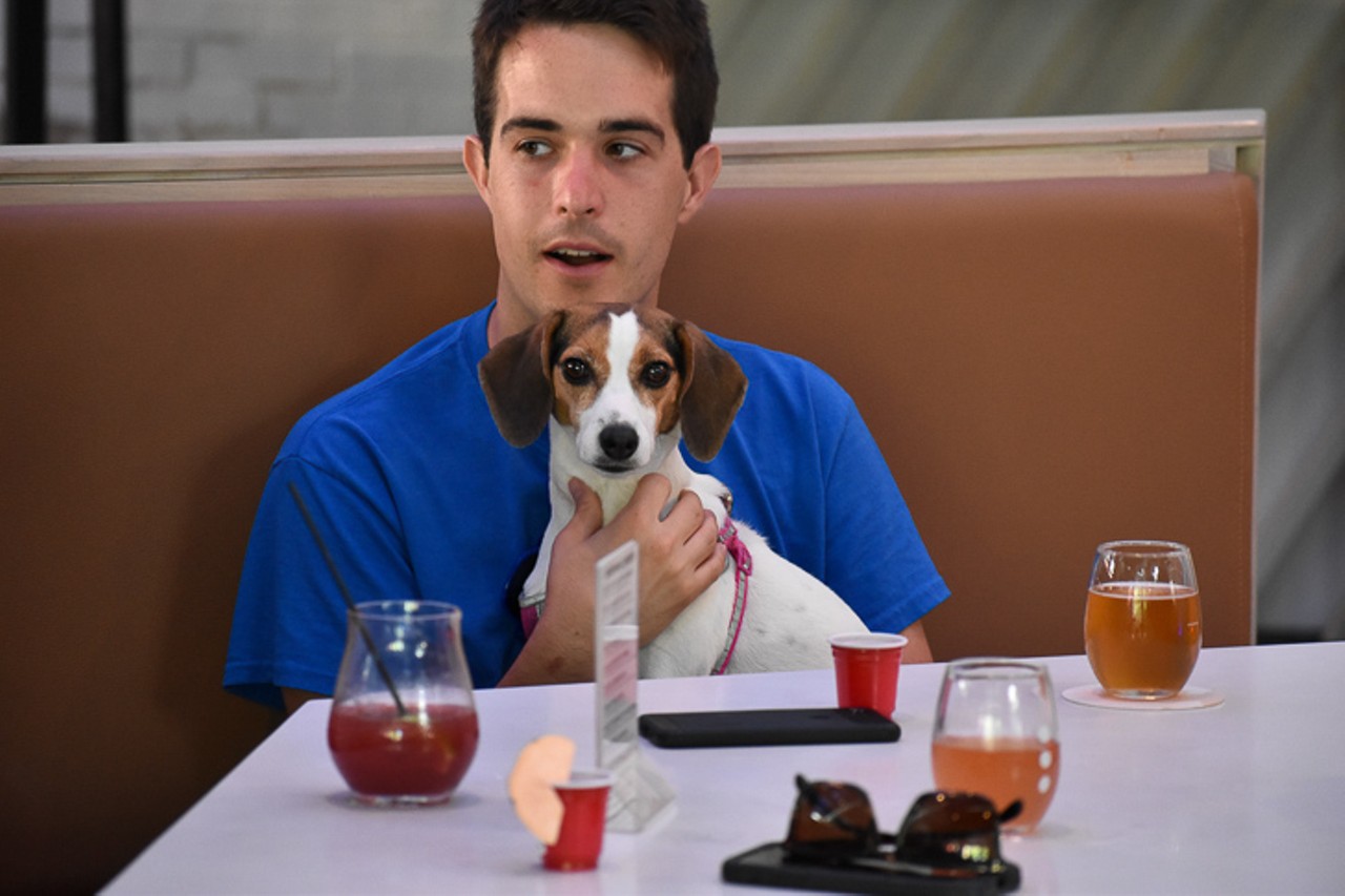 Kevin Shaw sat at a booth with his 3-year-old Beagle-mix, Rosie.
