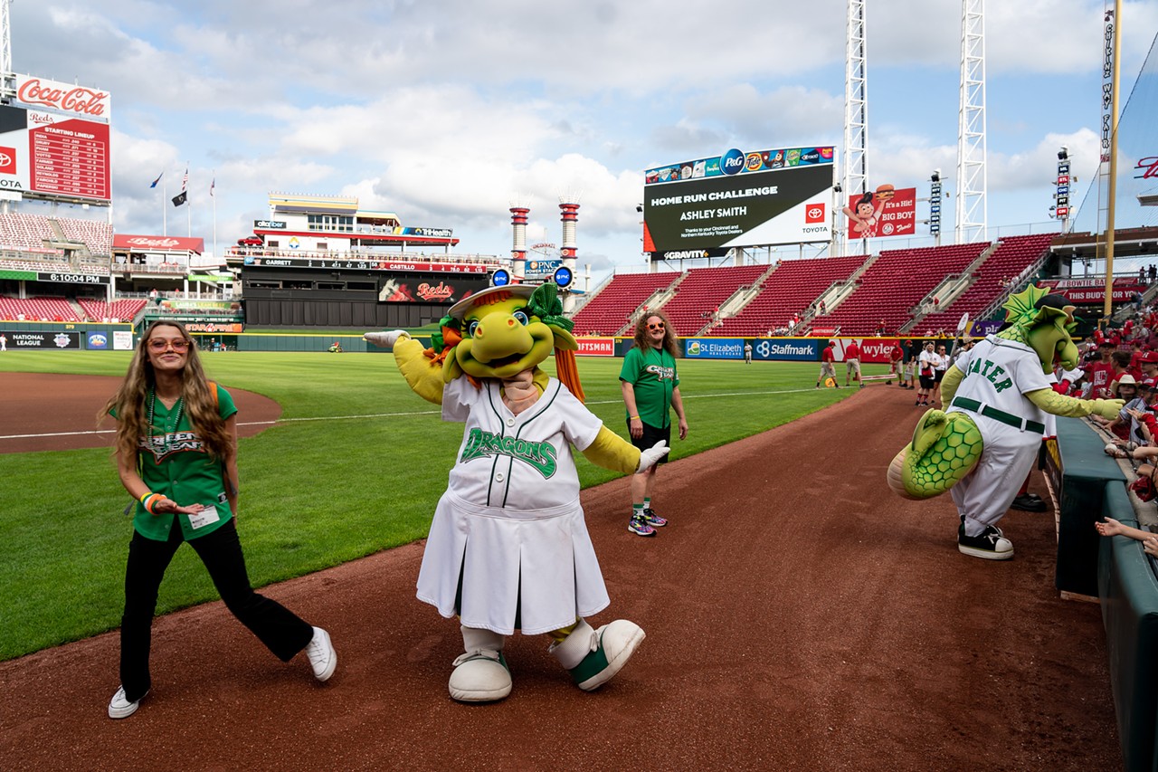 Dayton Dragons mascots hang out at Great American Ball Park before the Dayton Day game at Great American Ballpark on July 27, 2022.