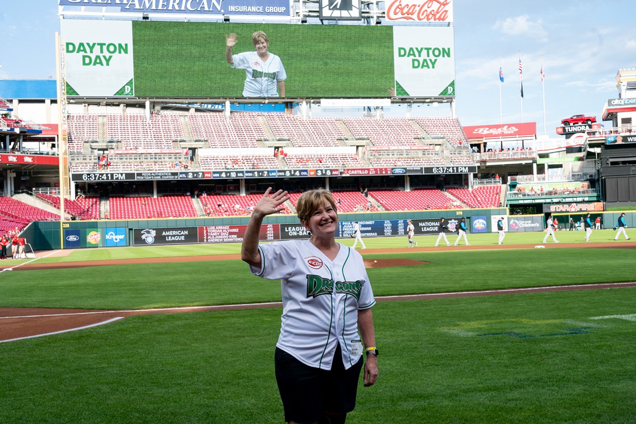 Dayton city manager Shelley Dickstein smiles at the Cincinnati Reds' game against the Miami Marlins on July 27, 2022.