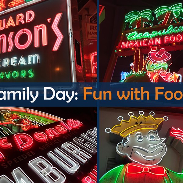 Four images of  neon signs promoting different types of food form the background to the program title image.