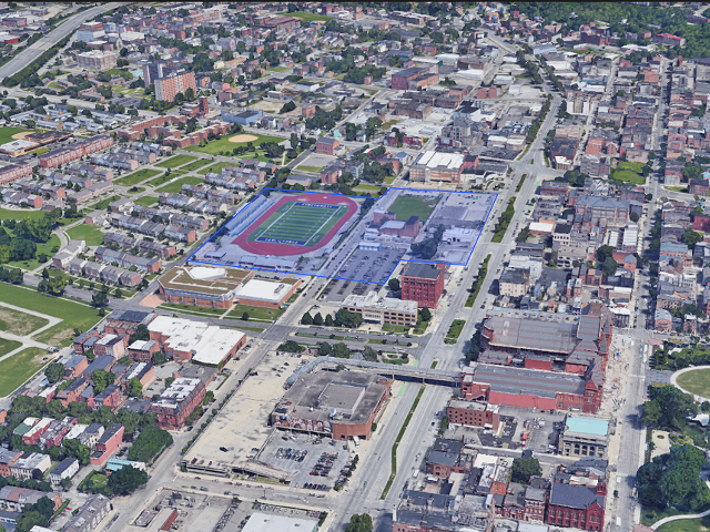 An aerial view of the West End with the stadium's future location highlighted
