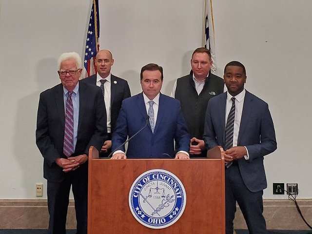 Mayor John Cranley, City Manager Patrick Duhaney and Cincinnati City Councilmembers Greg Landsman, David Mann and Chris Seelbach at a news conference announcing a state of emergency in Cincinnati over concerns about the spread of COVID-19.