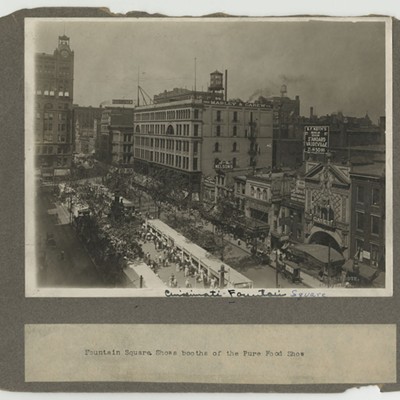 Aerial view of Fountain Square showing booths of the Pure Food Show, circa 1907-1919. Photo by Elmer L. Foote, the Cincinnati Library's staff photographer from 1907-1919