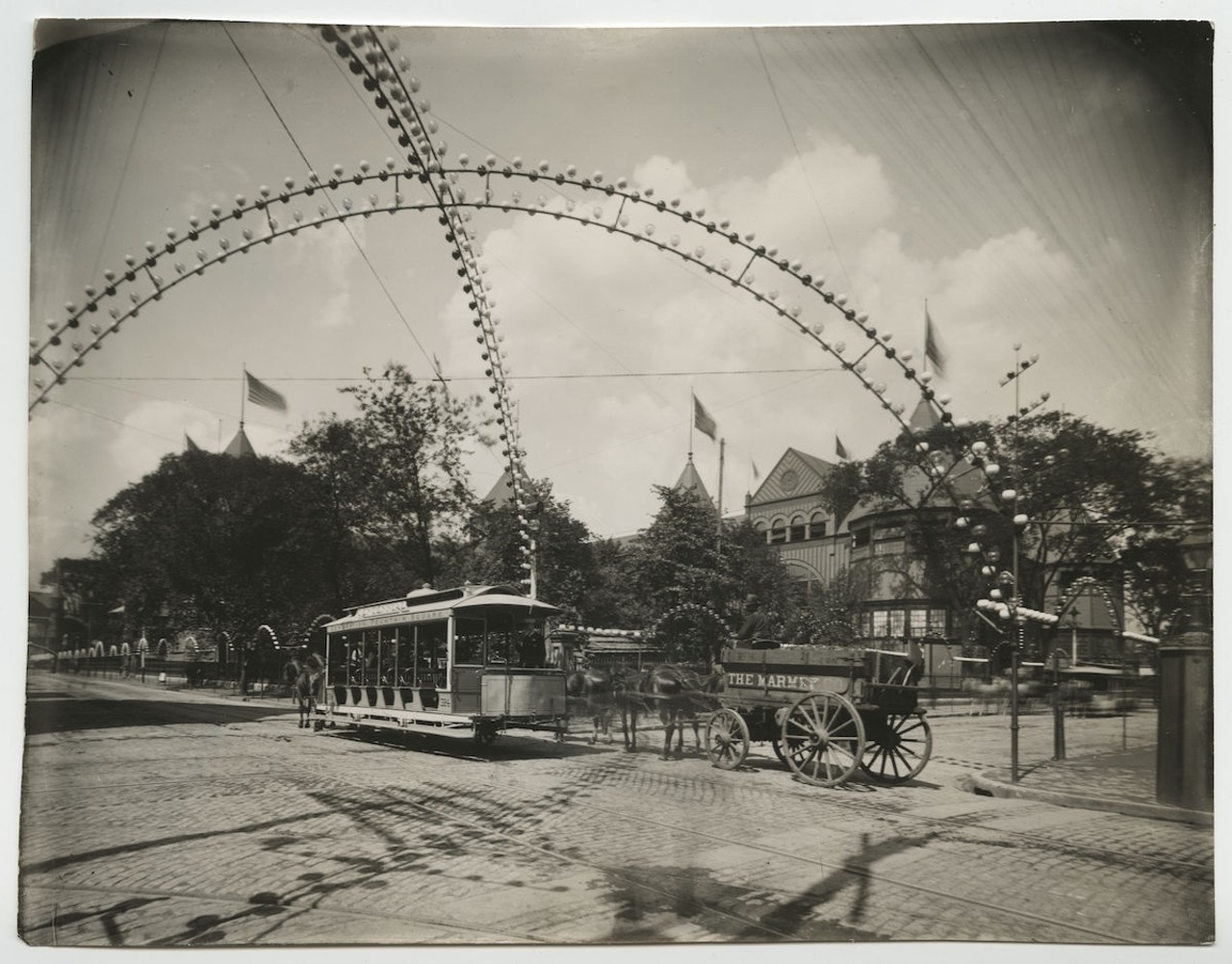 Street car and wagon traffic at Washington Park during the Centennial Exposition, 1888