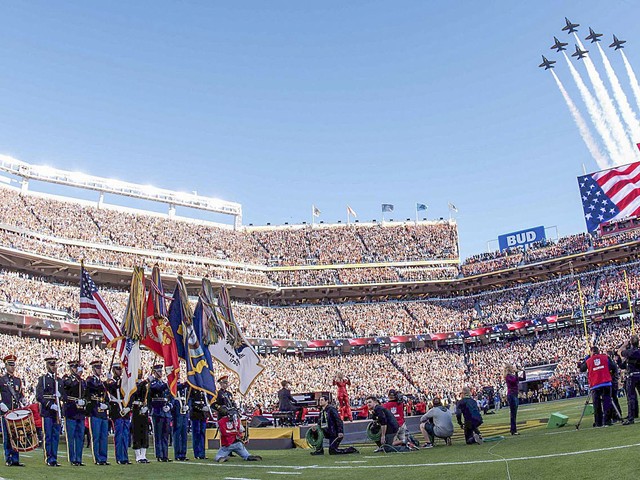 The Navy Blue Angels fly over the field before Super Bowl 50 in 2016.