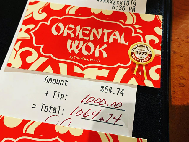 Guest Tips $1,000 on Check at Hyde Park's Oriental Wok