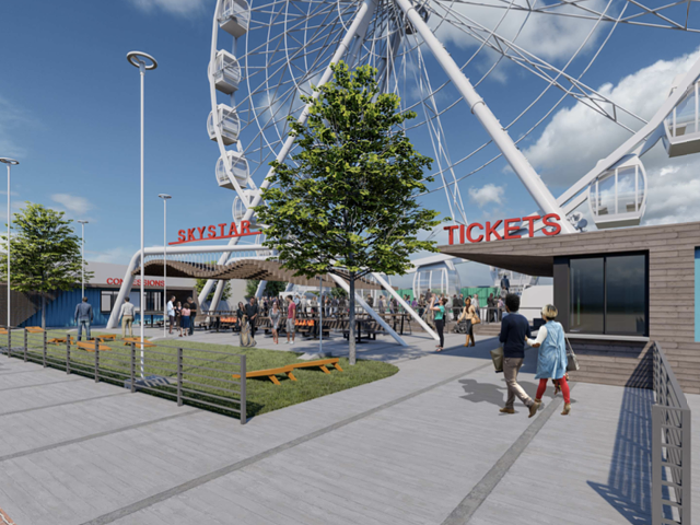 A rendering of the permanent 200-foot SkyStar, which obviously includes cornhole sets
