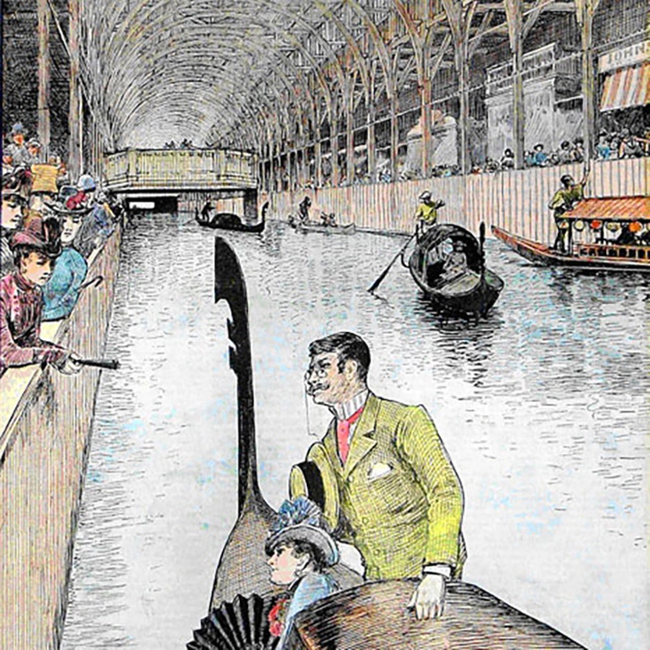 An illustration of gondolas in Machinery Hall. Daily performances were staged on ships on the covered waterway, as were canal races and gondola rides.