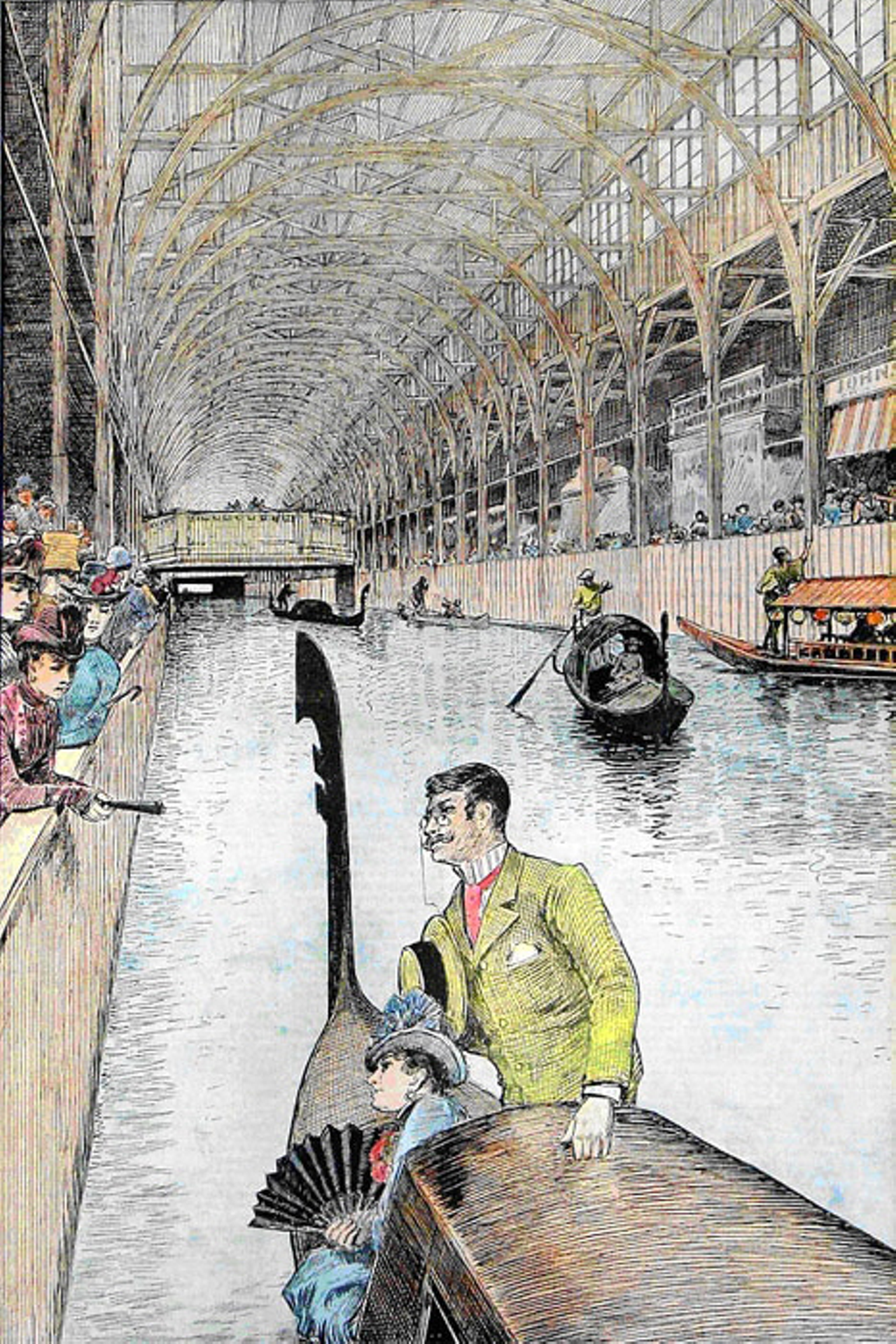 An illustration of gondolas in Machinery Hall. Daily performances were staged on ships on the covered waterway, as were canal races and gondola rides.